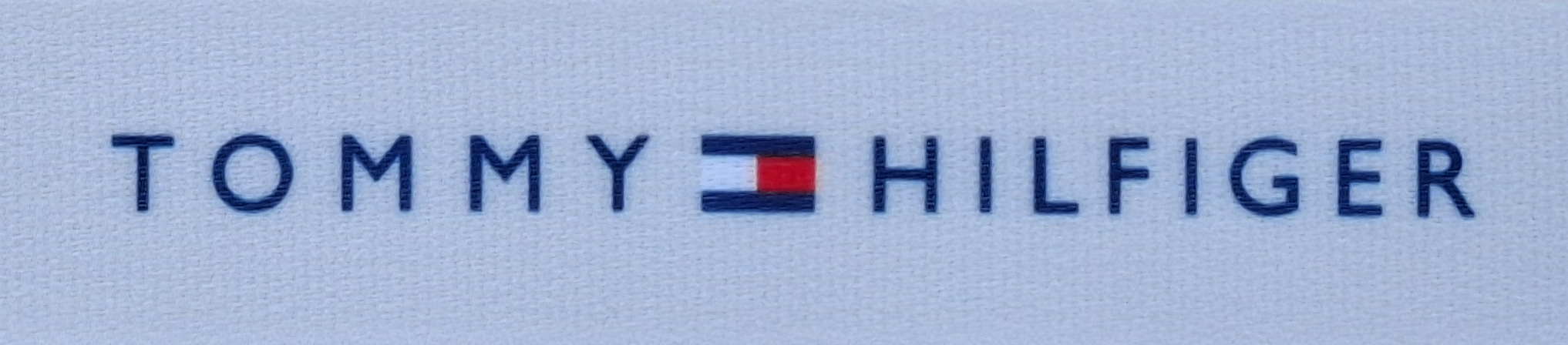 Tommy Hilfiger logo with embroidered lettering on a light background.