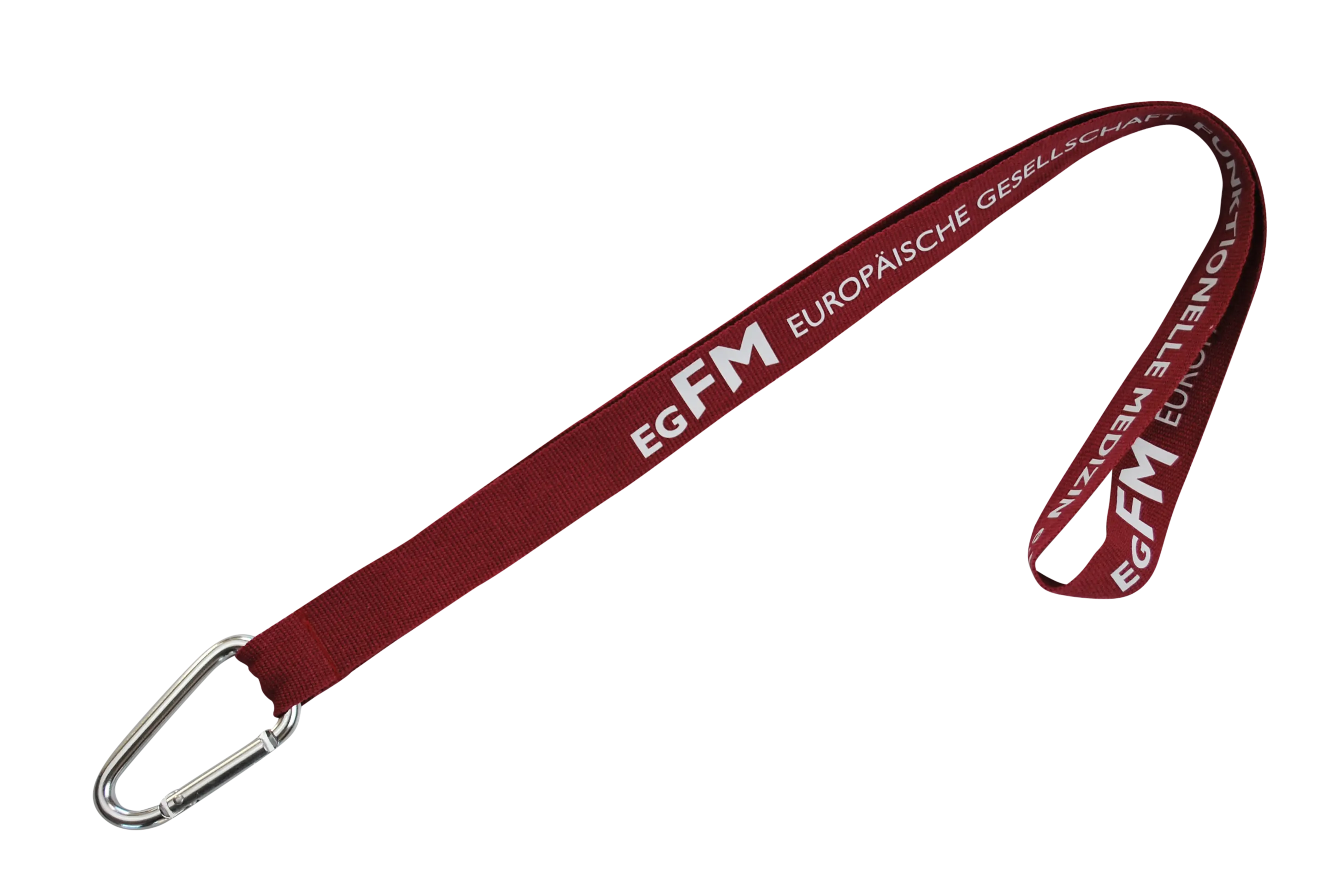 Red lanyard with carabiner, printed with "EG FM" and "European Society for Functional Medicine."