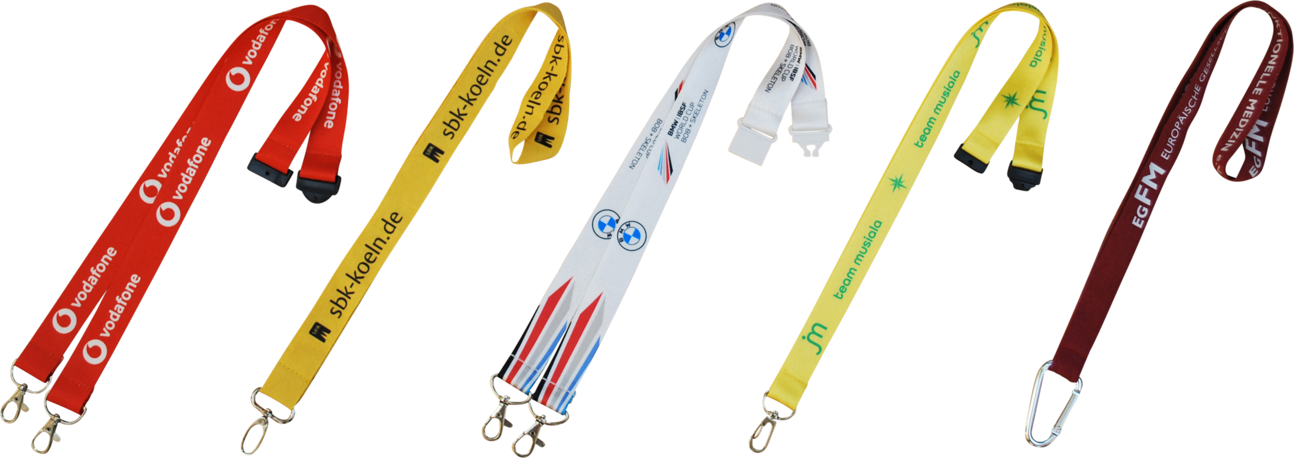Five different colored lanyards with logos and texts from companies and organizations.