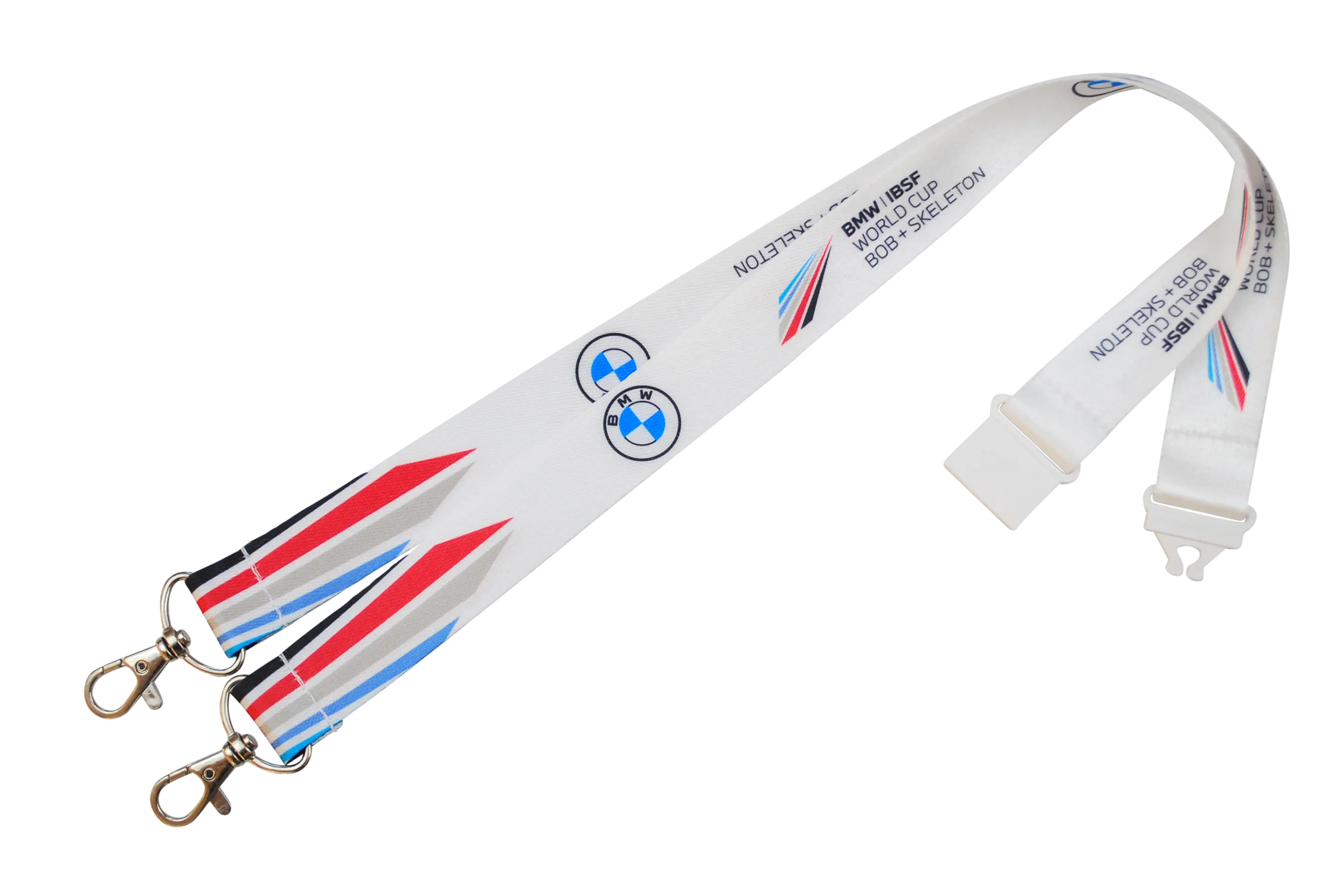 White lanyard with BMW logo and colors for the Bobsleigh and Skeleton World Cup, with carabiner hooks at both ends.